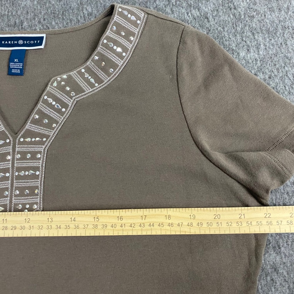 Karen Scott Womens XL Taupe Brown Cotton Rhinestone Split Neck Short Sleeve Top - Picture 5 of 8